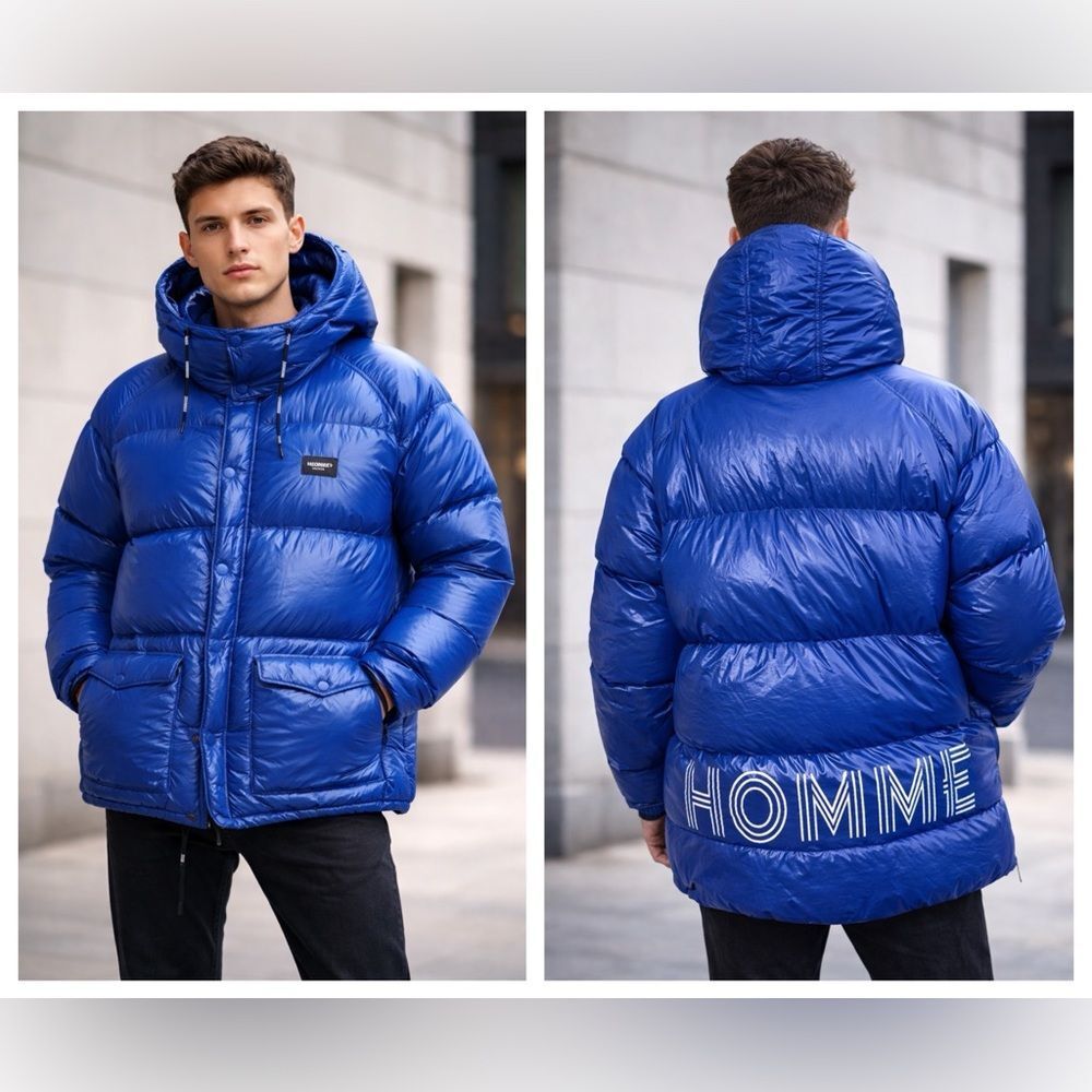 HOMME+ Vancouver Blue Down Puffer Jacket — Detachable Hood, Zip & Snap Front